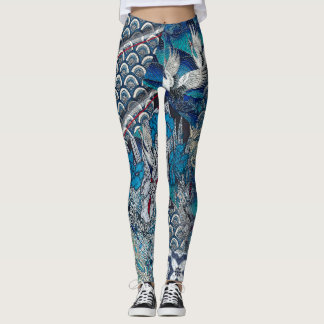 Blue Cranes Flying Over Flowers Leggings