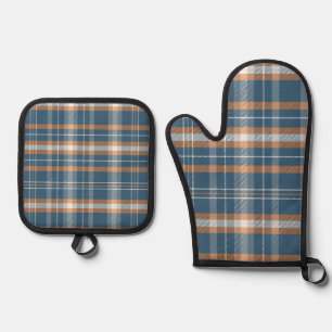 Blue, cream and orange plaid design oven mitt & pot holder set