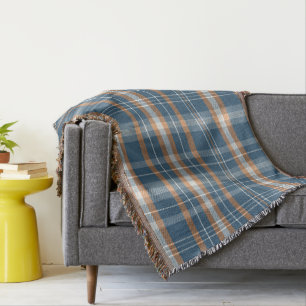 Blue, cream and orange plaid design throw blanket