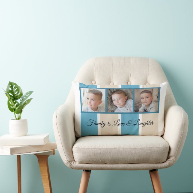 Blue cream and white photo collage family striped lumbar cushion (Chair)