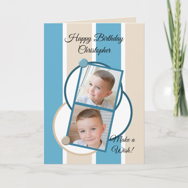 Blue cream and white stripes photos birthday card (Front)