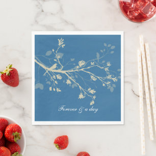 Blue Cream Bird Branches Floral Wedding Napkin