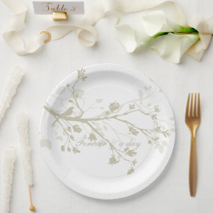 Blue Cream Bird Branches Floral Wedding Paper Plate
