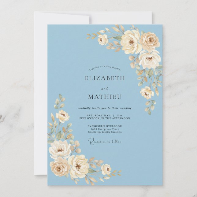 Blue Cream Blossom Flourish Wedding Invitation (Front)