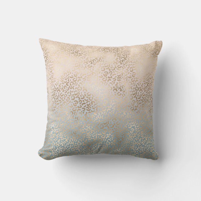 Blue Cream Blush Gold Ombre Leopard Print Cushion (Front)