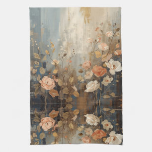 Blue Cream Brown Peach Farmhouse Stripe floral Tea Towel