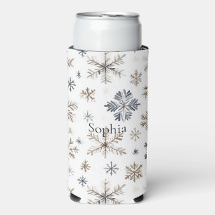 Blue Cream Brown Snowflakes Christmas Seltzer Can Cooler