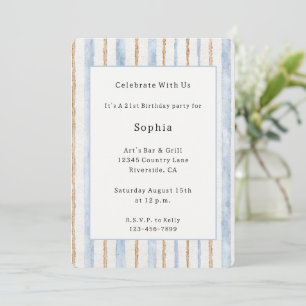 Blue Cream Brown Stripes Birthday Invitation