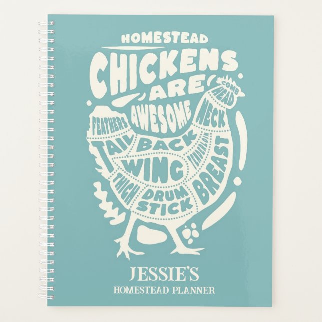 Blue Cream Chicken Art Personalised Homestead  Planner (Front)