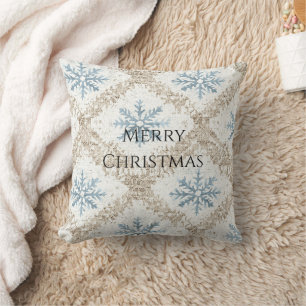 Blue Cream Christmas Snowflakes Cushion