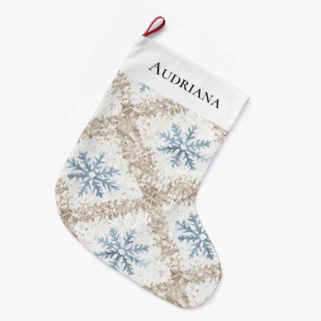 Blue Cream Christmas Snowflakes Large Christmas Stocking (Front (Hanging))