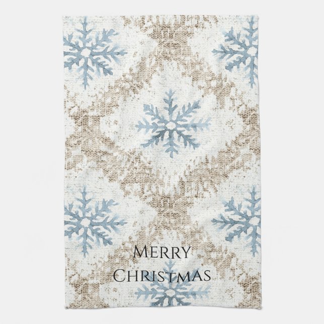 Blue Cream Christmas Snowflakes Tea Towel (Vertical)