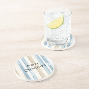 Blue Cream Christmas Stripes Snowflakes Coaster
