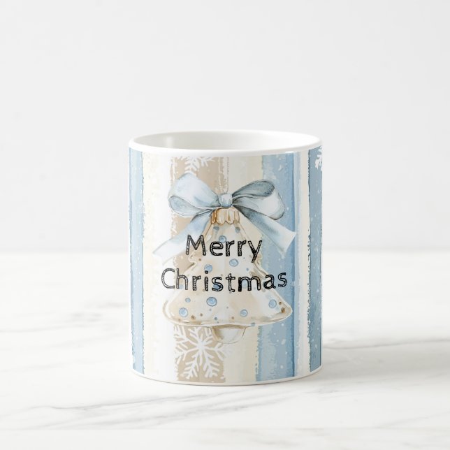 Blue Cream Christmas Stripes Snowflakes Ornament Coffee Mug (Center)