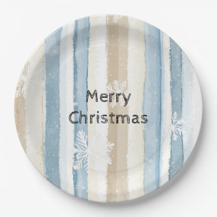 Blue Cream Christmas Stripes Snowflakes Paper Plate
