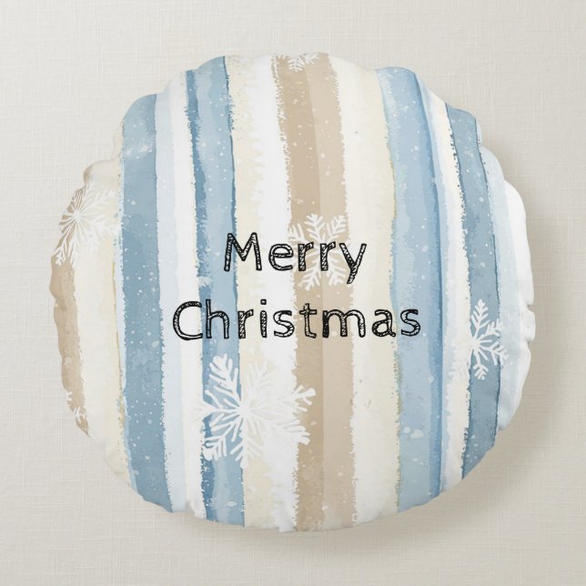 Blue Cream Christmas Stripes Snowflakes Round Cushion (Front)
