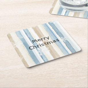 Blue Cream Christmas Stripes Snowflakes Square Paper Coaster