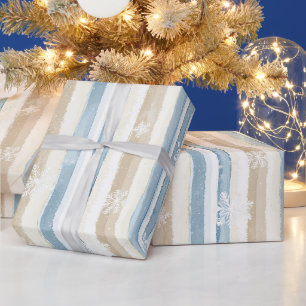 Blue Cream Christmas Stripes Snowflakes Wrapping Paper