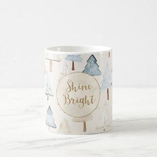 Blue Cream Christmas Trees Gold Glitter Coffee Mug