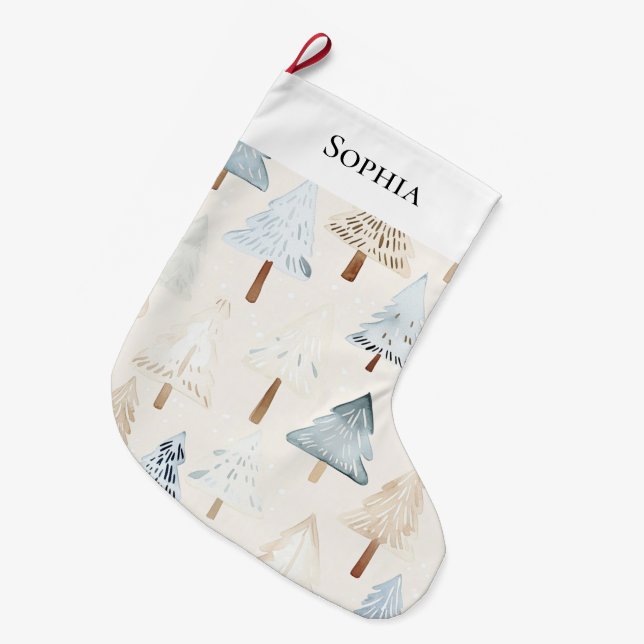 Blue Cream Cosy Christmas Trees Large Christmas Stocking (Front (Hanging))