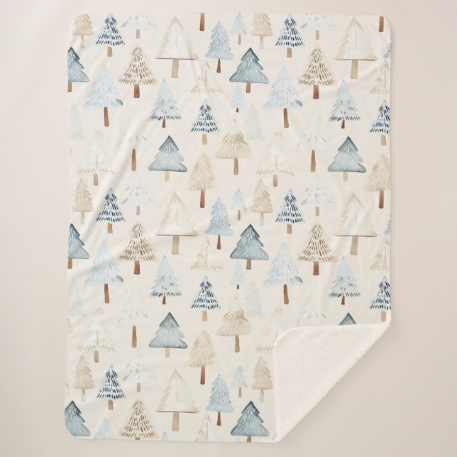 Blue Cream Cosy Christmas Trees Sherpa Blanket (Front)
