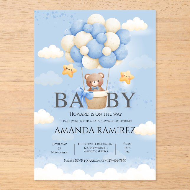 Blue & Cream Elephant Baby Boy Shower Acrylic Invitations (Front)