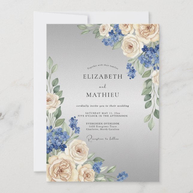 Blue Cream Floral Arrangement Wedding Invitation (Front)
