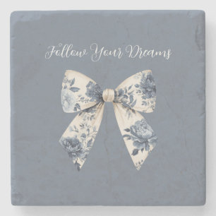 Blue Cream Floral Bow Stone Coaster