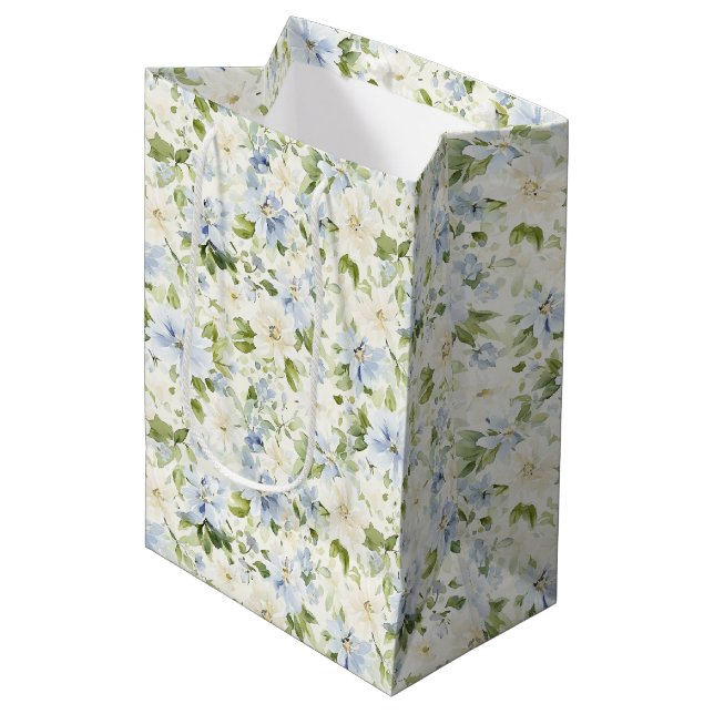 Blue Cream Floral Bridal Shower   Medium Gift Bag (Front Angled)