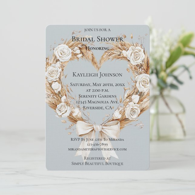 Blue Cream Floral Heart Wreath Bridal Shower  Invitation (Standing Front)
