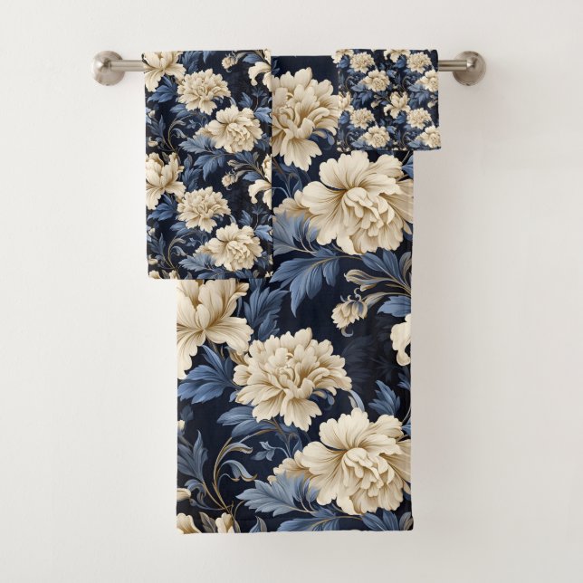 Blue Cream Floral Modern Bath Towel Set (Insitu)