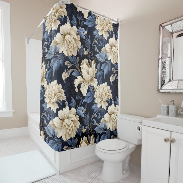 Blue Cream Floral Modern Shower Curtain (In Situ)