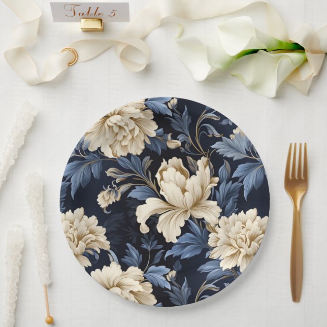 Blue & Cream Floral Peony Paper Plate (Wedding)