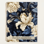Blue Cream Floral Peony Pattern Personalised Planner<br><div class="desc">Beautiful & elegant large blye & cream repeat floral peonies on a black background planner.   Add your name on front of this elegant planner to further personalise this beauty.</div>