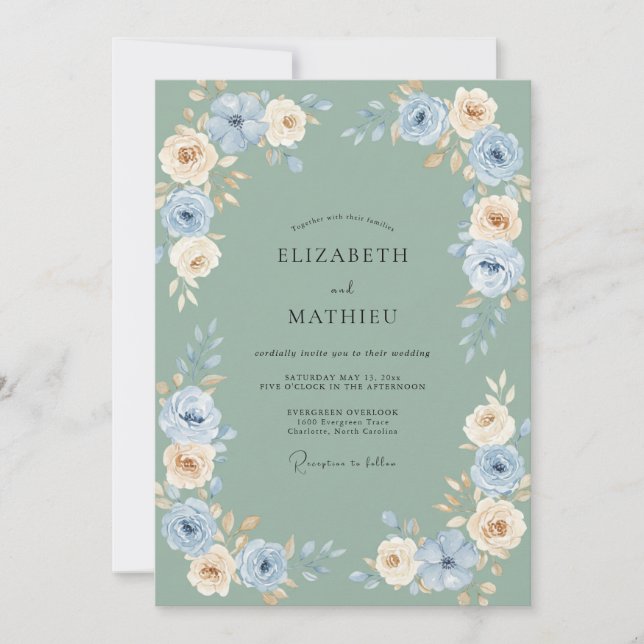 Blue Cream Floral Wedding Invitation (Front)