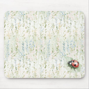 Blue Cream Flowers Ladybug Mouse Mat