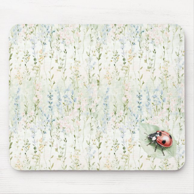 Blue Cream Flowers Ladybug Mouse Mat (Front)