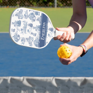 Blue Cream French Toile Dog Monogram Sport Pickleball Paddle