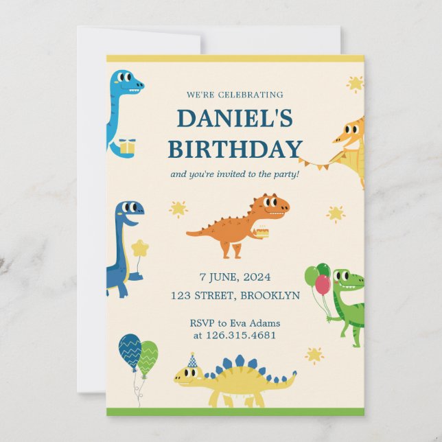 Blue Cream Fun Children's Dinosaur Birthday Party Invitation (Front)