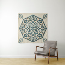 Blue & Cream Geometric Pattern Tapestry