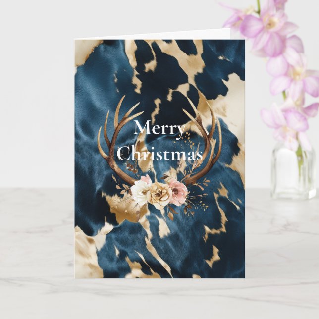 Blue Cream Gold Cowboy Cowgirl Cowhide Christmas Card (Orchid)