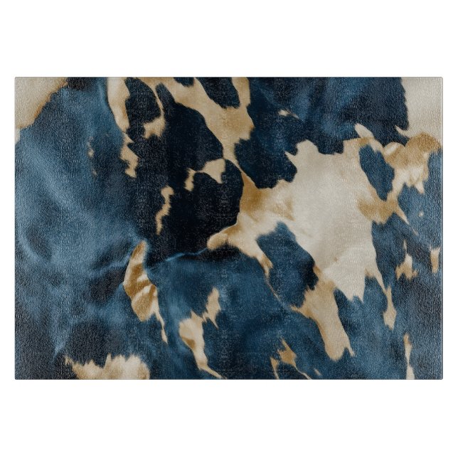 Blue Cream Gold Cowboy Cowgirl Cowhide Cutting Board (Front)