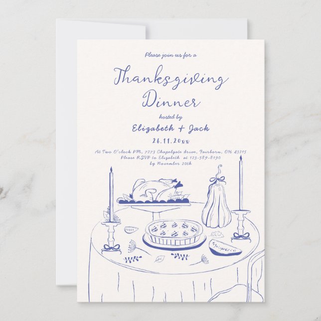 Blue & Cream Hand Drawn Doodle Thanksgiving Dinner Invitation (Front)