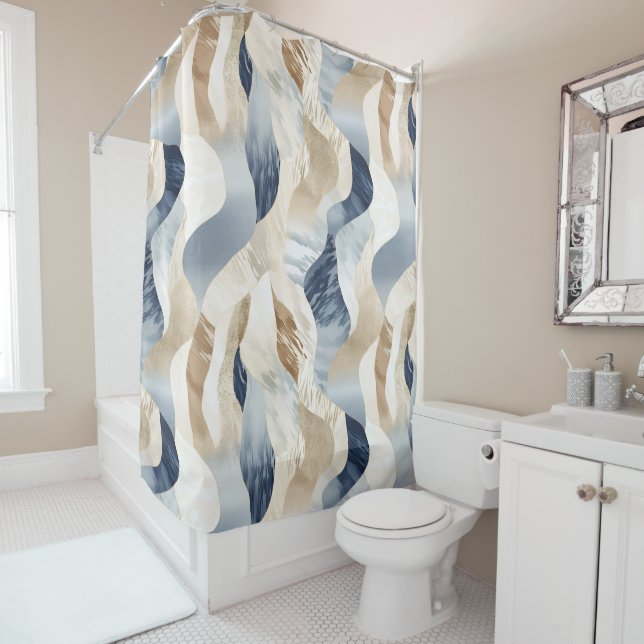 Blue Cream Ivory Abstract Waves Beach  Shower Curtain (In Situ)