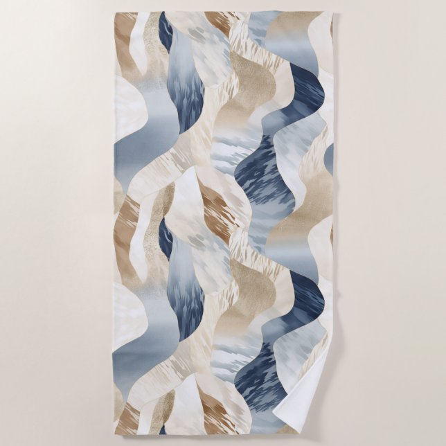 Blue Cream Ivory Abstract Waves Beach  Towel (Front)