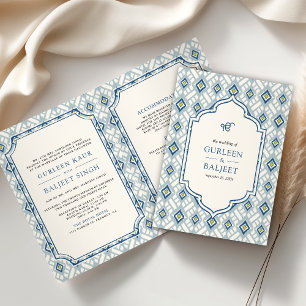 Blue Cream Ivory Ikat All in One Sikh Wedding Invitation