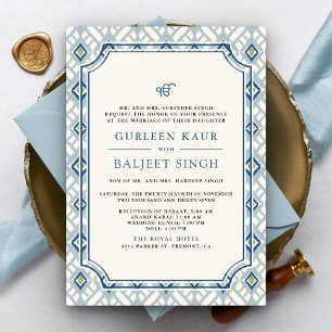 Blue Cream Ivory Ikat Anand Karaj Sikh Wedding Invitation