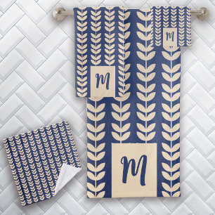Blue Cream Leaf Pattern Monogram Bath Towel Set