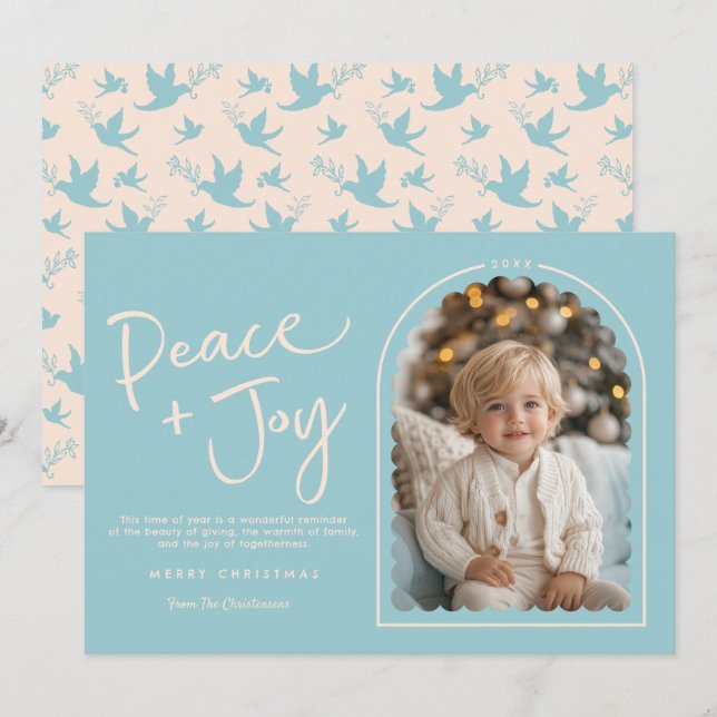 Blue Cream Modern Arch Peace Joy Photo Christmas Holiday Card (Front/Back)