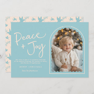 Blue Cream Modern Arch Peace Joy Photo Christmas Holiday Card